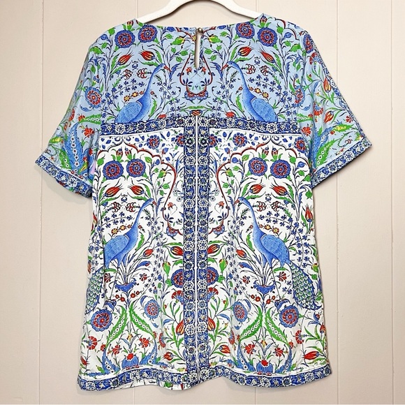 Sundance 100% Silk Izmir Top Small floral printed peacock short sleeve boho blue - Picture 6 of 11